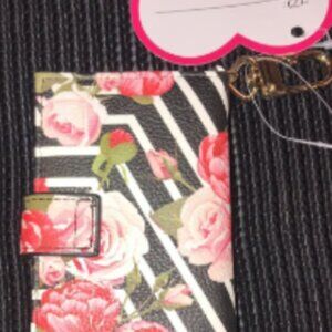 Betsey Johnson Keychain Card Floral Wallet Black with Roses-NWT